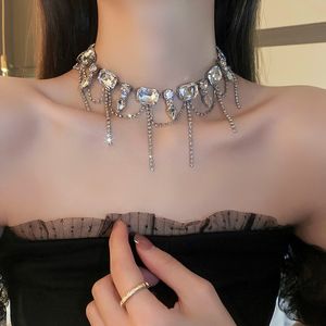 Geometric Square Crystal Choker Necklaces for Women Long Tassel Clavicle Chain Necklaces Statements Jewelry Gifts