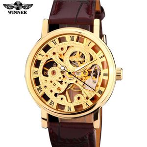 2021 winner brand silver gold tone Skeleton Hand wind Mechanical Mens men watch brown black artificial leather band thin case341C