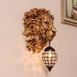 European Retro Gold Lion Wall Lamp Vintage Crystal Wall Sconce Light Fixtures Living Room Bedroom Stair Bar Indoor Wall Lamps AC