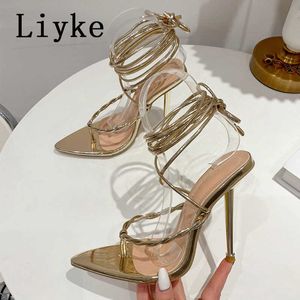 Sexig spetsig tå liyke metall tunna höga klackar guld sandaler kvinnor sommar mode fotled snörning bröllop klänningskor sandalias mujer t221209 518ba