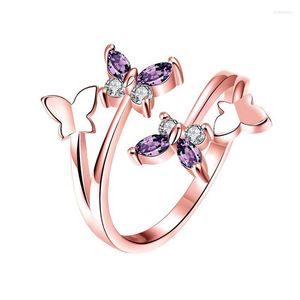 Pierścionki ślubne Śliczne piękne motyle otwarte dla kobiet Purple Crystal cyrkon Bowknot Rose Gold Ring Pierścień żeńskie prezenty biżuterii