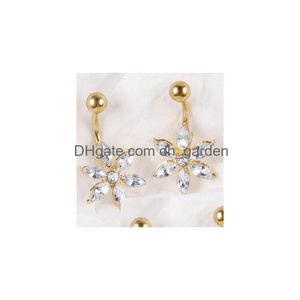 Navel Bell Button Rings Gem 18K Gold Flower Crystal Belly 316L Stainless Steel Piercing Dangle Body Jewelry Drop Delivery Dh3Rm