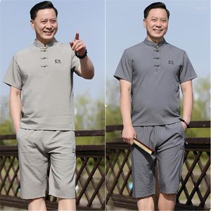 Etnik Giyim Varış Yüksek kaliteli Çin tarzı buz ipek tang takım elbise erkekler kısa kollu üst ve pantolon setleri düğme kostümü sokak kıyafetleri