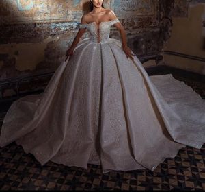 Luxury Ball Gown Wedding Dresses Appliques V Neck Sleeveless Off Shoulder Sparkly Sequins Appliques Beads Lace Ruffles Floor Length Train Bridal Gowns Plus Size