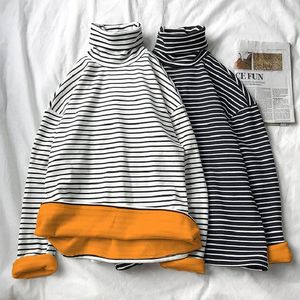 Men's T Shirts Large Size Thick Warm Turtleneck Striped Men's Long-sleeve Bottoming T-shirt Autumn Winter Korean Simple Home Wear