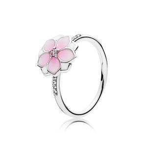 Rosa Magnolienblüten-Ring aus echtem Sterlingsilber für Pandora-Hochzeitsschmuck, CZ-Diamantblumen, Designer-Ringe für Frauen und Mädchen mit Originalverpackung. Fabrikgroßhandel