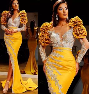 Bright Yellow Satin Mermaid Prom Dresses Sheer Neck Vintage Ruched Puff Long Sleeves Lace Appliqued Formal Evening Gowns Aso Ebi Split Sexy Abendkleider CL1589