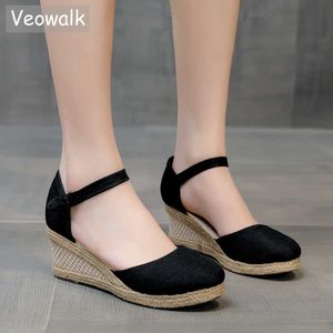 Veowalk Linen Summer Women Plain 6cm Wedge Sandals Bohemian Handmade Ladies Casual Espadrilles Platform Platfor