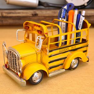 Iron& Metal Retro Vintage School Bus Model Cars Handmade Ornament Kid Toy Yellow Car Student Pen Container& Writing Case Brush Pot for Christmas Kids Birthday Gift 2-1