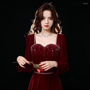 Ethnic Clothing Spring Chinese Traditional Wedding Toast Dress Bride Velvet Long-sleeved Wine Red Birthday Evening Party Formal Women
