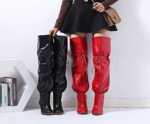 Damesbrief Canvas Overtheknee Boot Pointed Toe Zipper Slipon Designer Girl Leather High Heel Rubber Outsole9284361