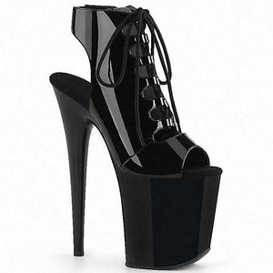 Sandaler svart patent läder fotled strap sommar andals låga rör kvinnor stövlar 20 cm hög klackade skor bakpålstång dans strippare T221209