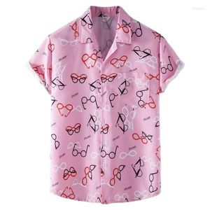 Men's Casual Shirts Pink Hawaiian Beach Shirt Men 2022 Fashion Glasses Print Mens Aloha Summer Holiday Vacation Clothing Chemise Homme