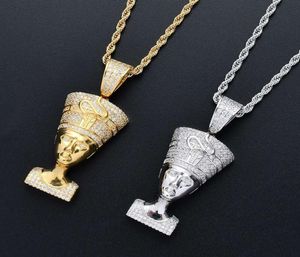 Hip -Hop -ägyptischer Pharao Diamanten Anhänger Halsketten für Männer Luxuskristallanhänger Kupfer Zirkone Real Gold Plated Kette Halskette3702246
