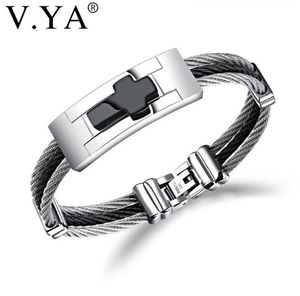 Charm Bracelets VYA 3 Rows Wire Chain Cuff Cross Stainless Steel Men Punk DIY Custom Engrave Man Jewelries Black Silver Color Ban5103654