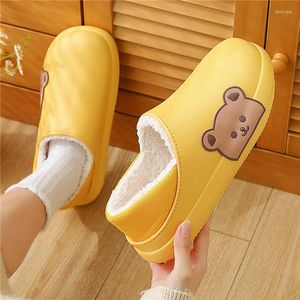 Slippers Men Women Winter Warm Wrapped Heel Cartoon Bear Appliques Indoor Plush Slides Outdoor Waterproof Thicken Slip-Ons Shoes