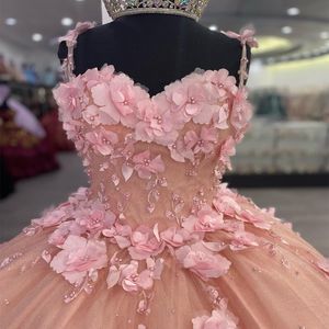 Vacker rosa quinceanera prom klänningar 3d blommor vuxna söta 15 festklänningar glitter junior flickor tävlingsklänning