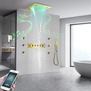 Deckenmontierter SUS304 500 x 500 LED-Musik-Duschkopf, Niederschlag, Wasserfall, Nebel, thermostatischer Messingkörper, Badezimmer-Duscharmatur-Set