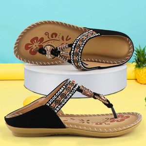 Rhinestone Soft Summer Flop Print Flip Roman Slippers For Women Designer Slides Retro Female Sandals Ladies T