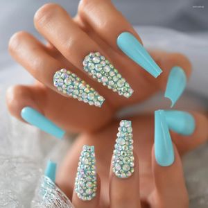 False Nails Fake Diamond Rhinestone Full Cover Nail Supplies For Professionals Pre Designs Tips Wholesale Extra Long Coffin Blue