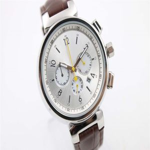 Limited White Dial Brown skórzany kwarc Chronograf Pełny funkcja trend Whatches White Wskaźnik ze stali nierdzewnej Watche Mens Wrist W302X