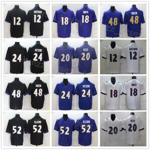 Piłka nożna 24 Marcus Peters Jersey 12 Rashod Bateman 18 Breshad Perriman 20 ed Reed 48 Patrick Queen 52 Ray Lewis Purple White Black Team Szyg Pashed Rush