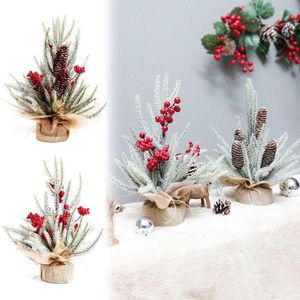 Decorative Flowers Artificial Christmas Tree White Snow Flocking Red Berries Pine Cone Party Supplies Desktop Ornament Home Decoration Craft