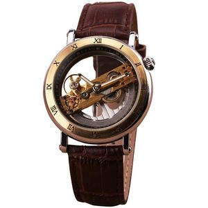2021 Nya Jaragar Luxury Golden Bridge Roman Dial Men's Automatic Mechanical Wrist Watch Transparent Movement äkta läder3003