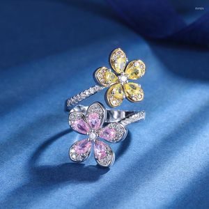 Cluster Rings Vintage Silver Pink Crystal Rose Flower Cubic Zirconia Adjustable Ring For Women Jewelry Wedding Party Friends Gift Drop