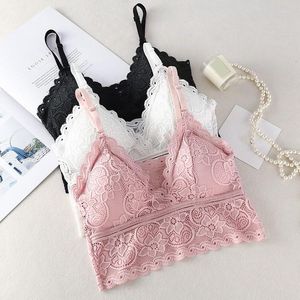 Camisoles & Tanks Wireless Women Bra Lace Bralette Deep V Embroidery Floral Tank Top Cropped Camis