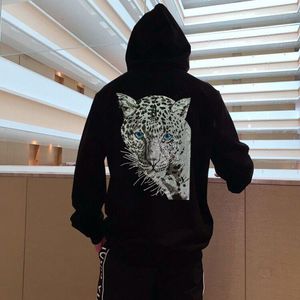 Erkek Hoodies Sonbahar ve Kış Hoodie Gevşek Kadife Sıcak Konforlu Elmas Leopar Tasarım Kazak Açık Sweatshirt