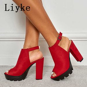 Sandals Liyke Women Chunky Platform Sandals Summer Flock Thick High Heels Open Toe Ankle Buckle Strap Ladies Shoes Casual T221209