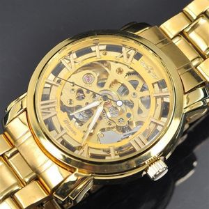 Mens Gold Skeleton Steel Self Mechanical Watch Dress для мужчин женские модные наручные часы Оригинальные бренд Winner2609