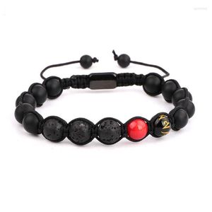 Strand Design Tibetan Buddhism Style Black Onyx Lava Rock Stone Beaded Cord Woven Bracelet Adjustable Men