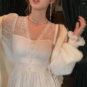 Casual Dresses Women Elegant Sexy V-neck Lace Fairy Dress French Slim Long Sleeve Korean Winter One-piece Midi For Woman Part