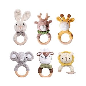 Soothers Teethers 1pc Baby Teether Music Rattles for Kids Animal Crochet Rattle Elephant Giraff Ring Träbebis Gym Montessori Dhrlm