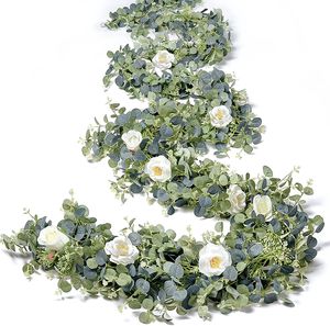 Decorative Flowers Eucalyptus Garland with White Rose Artificial Floral Vines for Wedding Table Runner Doorways Decoration Indoor Outdoor Backdrop Wall Decor