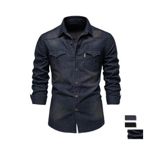 Camisetas masculinas aiopeseson marca elástica camisa de jeans de algodão masculina de manga comprida camisas de cowboy de qualidade para fit casual fit
