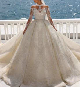 Luxury Ball Gown Wedding Dresses Appliques V Neck Long Sleeves Halter Sparkly Sequins Appliques Beads Lace Ruffles Floor Length Sparkling Bridal Gowns Plus Size