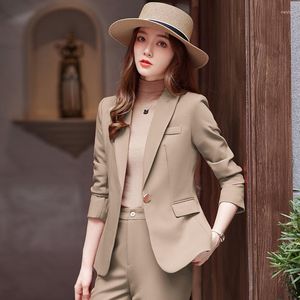 Kvinnors tv￥delade byxor koreanska formella damer Khaki Orange Women Business Suits med upps￤ttningar Work Wear Office Uniform 2-stycke stor jacka