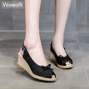 Sandaler Veowalk Handgjorda kvinnor Bowtie Peep Toe Linen Espadrilles Slingbacks Sandaler 6cm Wedge Heel Ladies Plain Summer Platform Shoes T221209