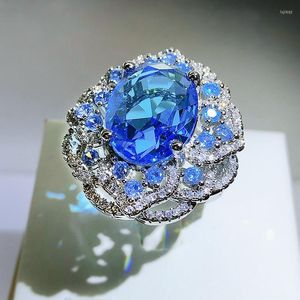 Cluster Rings Luxury Sapphire Flower Full Diamond Blue Topaz Open Adjustable Couples Ring For Women Oval Geometric Valentine's Day Gift