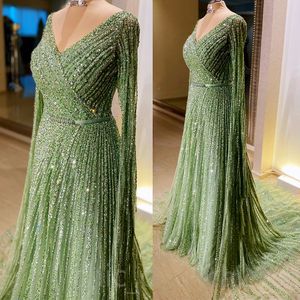 2023 Árabe Aso Ebi Mint Mint Vestidos de baile luxuosos Pérolas de miçangas A linha da noite Festa formal Segunda recepção Vestidos de noivado de aniversário ZJ324