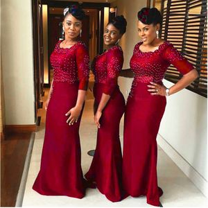 Luxury Beads Red Lace Bridesmaid Dresses Mermaid Sheer Half Sleeves Appliques Scoop Neck Women Long Wedding Party Dress Formal