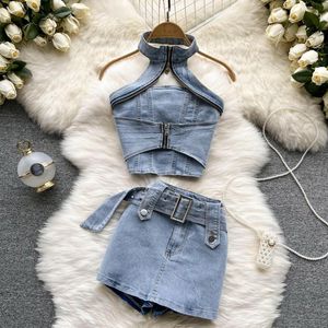 Work Dresses Summer Streetwear Denim Two Piece Suit Women Halter Vest Tops Mini Pencil Skirt Chic Female Outfits