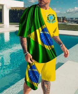 Men's Tracksuits Brasil Flag 3D Impressão masculina Summer Summer Shorts de manga curta 2pcs Conjunto de gola One Macho Macho Sportswear Man Roupas