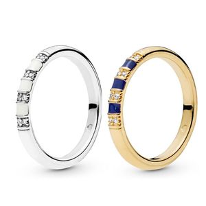 Yellow Gold plated Blue Stripes and Stones Ring for Pandora Authentic Sterling Silver Lover Jewelry CZ Diamond Party Rings with Original Box For Women Men