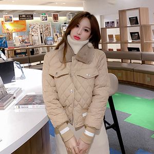 QNPQYX Winter All-match Short Parkas Jackets Women Fashion Plush Collar Down Cotton Jacket Female Korean Chic Long Sleeve Parka