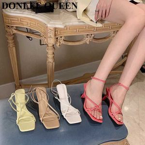 Narrow Women 2022 Fashion Band Vintage Square Toe High Heels Buckle Strap Gladiator Sandals Brand Shoes For Party T22120 0aa4