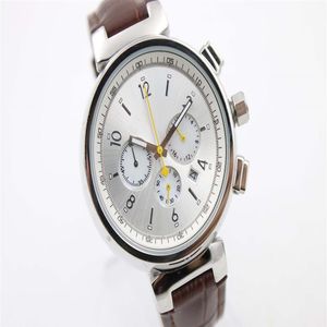 Limited White Dial Brown Leather Belt Quartz Chronograph Full Function Trend Whatches White Stainless Pointer Watches Mens Wrist W2083